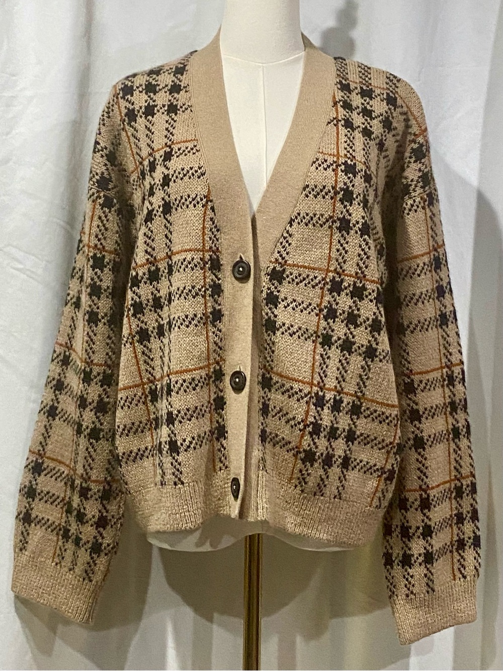 Pendleton Beige Plaid Button-Front Cardigan with Black & Brown Accents Sz. M